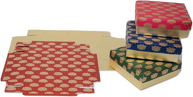 Lotus Printed Colorful Sweet Boxes for Indian Sweets, Cookies, Goodies, Mithai, Candy, Gift Boxes with Lids Bulk, Handmade Bulk Mithai Box, Favor Boxes for Wedding, 2.95x5.51 Inch (Pack of 4)