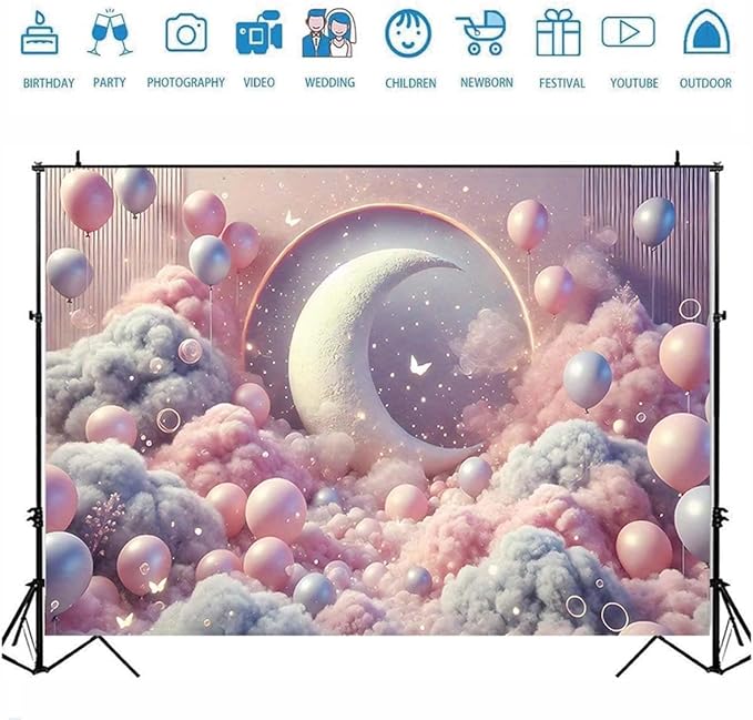 Dreamy Moon and Balloons Backdrop Pink Dreamy Balloon Moon Baby Birthday Decoration Kids Portrait Photo Backdrop Newborn Baby Photography Background (8x6feet)