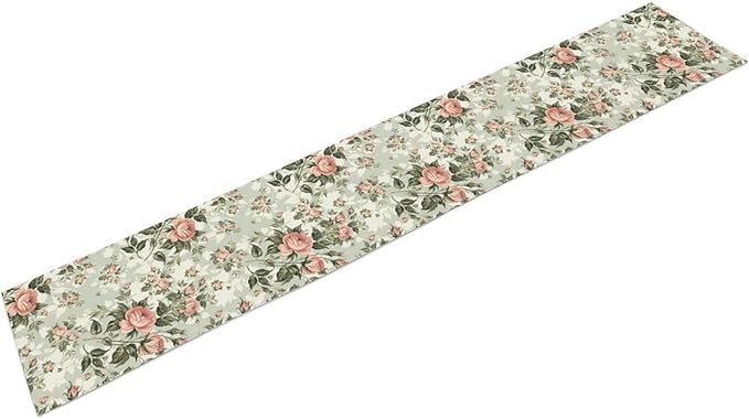 Rose Floral Table Runner, Green Pink Rose Leaf Classic Vintage Decorative Table Runner for Kitchen Dining Party Wedding Home Decor, 13x70 Inch
