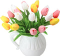 Artificial Flowers 10 Heads Mini Real Touch Artificial Tulip Multicolor Bouquet for Home Wedding Party Centerpiece Decoration (White&Orange&Pink)