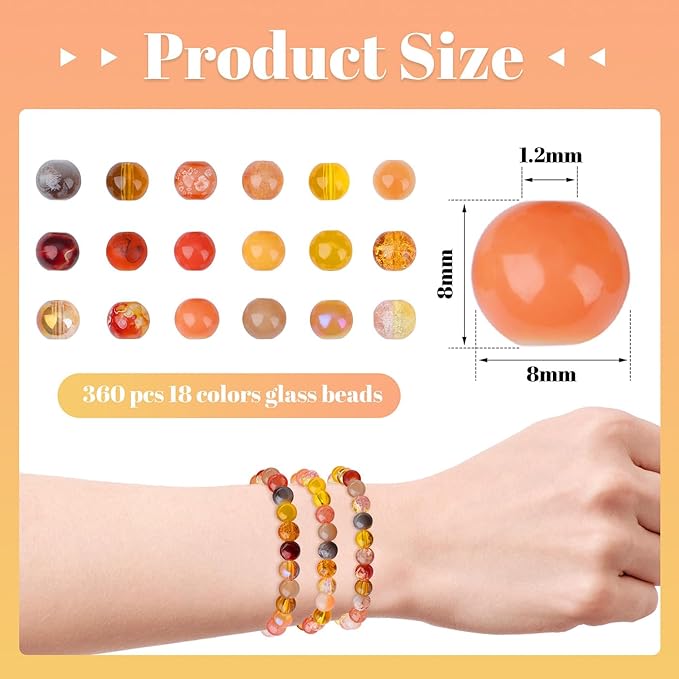 DUQGUHO 8mm Orange Glass Beads for Jewelry Making & DIY Crafts - 360PCS, Round, Modern, Loose Beads