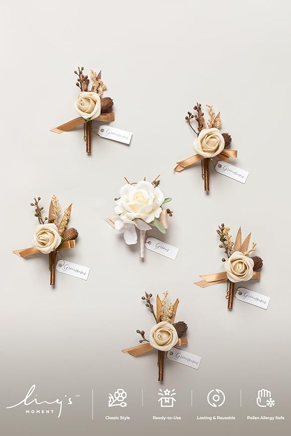 Ling's moment Boutonniere for Men, 6pcs Groom Groomsmen Boutonniere, Artificial Flowers for Wedding Decor/Prom/Homecoming, etc.Brown Beige White