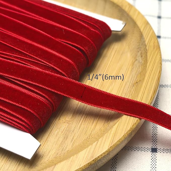 Chenkou Craft Christmas Red 25 Yards 1/4" Velvet Ribbon Lots Bulk (Red, 1/4"(6mm))