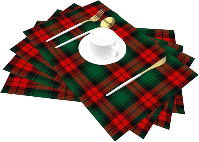 PVC Placemats Set of 6 Wipeable Table Mats Washable Heat Resistant Non Slip Vinyl Dining Table Mat for Kitchen Indoor Outdoor Patio Farmhouse Place Mats Christmas Green Red Grid Decorative