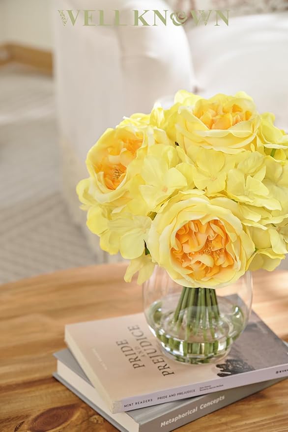 Artificial Flowers in Vase, Silk Austin Rose & Hydrangea Yellow Flowers with Fake Water, Real Touch Fake Flower Arrangements for Home Hotel Office Wedding Dinning Table Centerpiece Decor & Gift