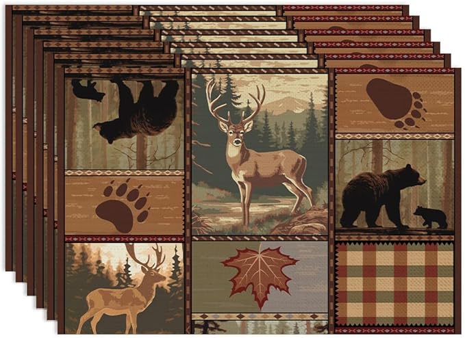 Retro Rustic Lodge Bears Placemats Set of 6, Vintage Cabin Farmhouse Country Style Place Mats, Heat Resistant Non Slip Cotton Linen Dining Table Mats for Home Kitchen 18x12 Inch