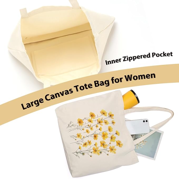 Aesthetic Floral Canvas Tote Bag for Women with Pocket, Tote Bags for Grocery Shopping Work Gym Christmas Birthday