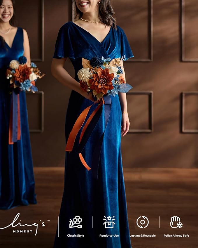 Ling's moment Artificial Flowers Orange & Navy Bridesmaid Bouquet Set of 4, Orange Wedding Flowers Bouquets for Bridesmaids, 7 Inch Bridal Bouquets for Bridesmaids, Wedding Decor, etc