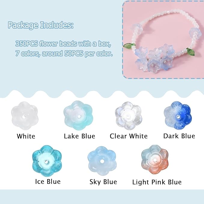 LadayPoa 350pcs Glass Bellflower Beads for Jewelry Making Trumpet Flower Beads Gradient Clear Cute Bead for Bracelets Making Aesthetic Bead Charms for DIY Necklace Decoration-Blue Series
