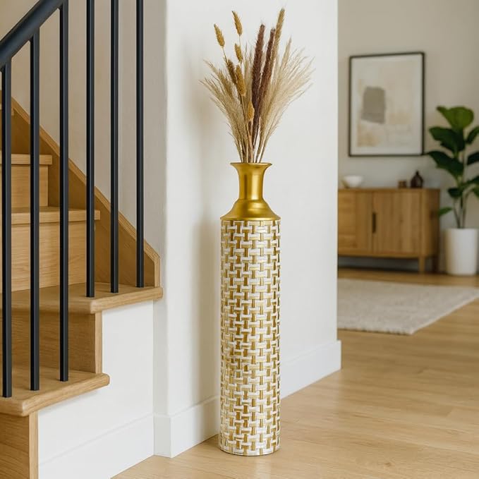 Leewadee Set of 3 Large Floor Vases – Decorative Tall Metal Vases in Gold White (30/24/20 inches) – Elegant Home Decor for Stylish Interiors