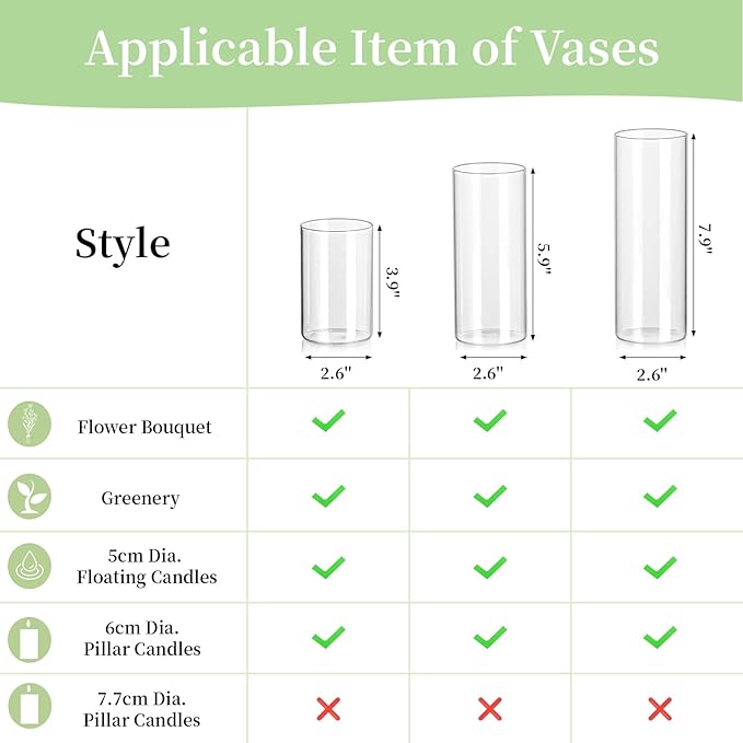 Glasseam Clear Cylinder Vases Set, 24Pcs Glass Vases for Centerpieces Bulk, Modern 2" Floating Candle Centerpieces for Decor, Hurricane Candle Holders for Wedding Table Decorations, Tall 4"+6"+8"