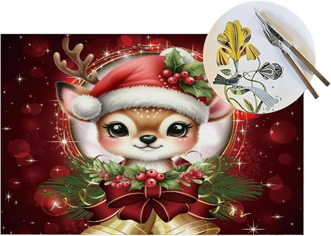 PVC Placemats Set of 1 Wipeable Table Mats Washable Heat Resistant Non Slip Vinyl Dining Table Mat for Kitchen Indoor Outdoor Patio Farmhouse Place Mats Red Christmas Bell Deer Decorative