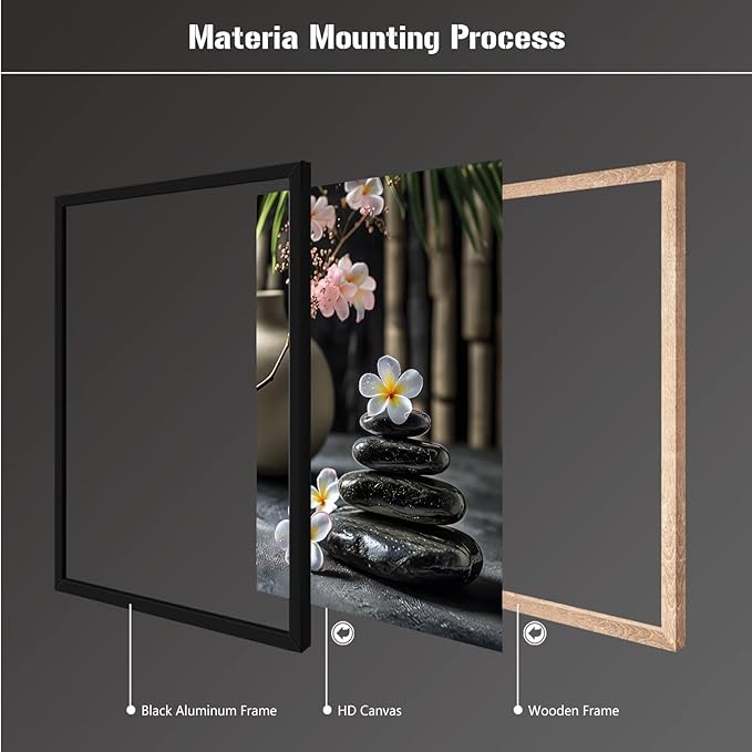 A harmonious black stone stack paired with white and pink flowers bamboo and ceramic vases creates a tranquil Zen decor for minimalist homes and mindful spaces 8x12in Metal blackFramed