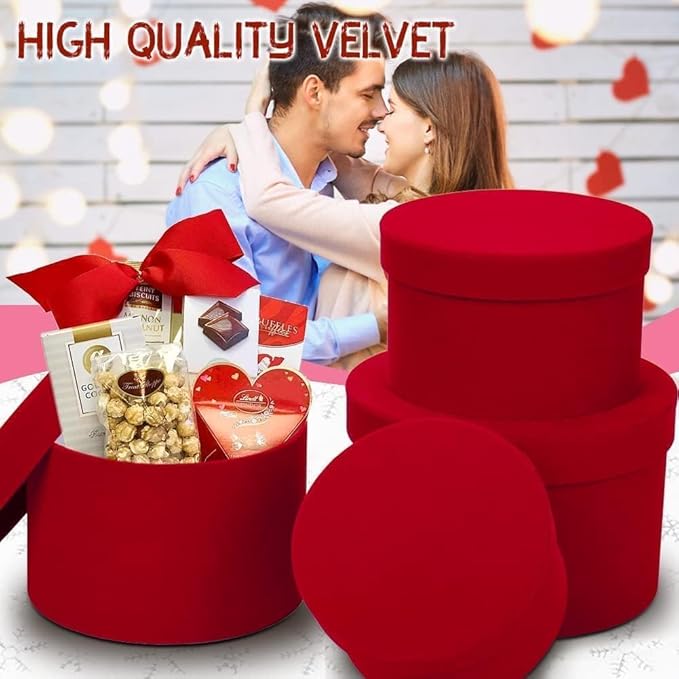 GnFlus Red Gift Boxes with Lids for Presents Set of 4 Round Velvet Nesting Christmas Gifts Box for Arrangements Flowers Wedding Birthday Valentines Bridesmaid Party Anniversary