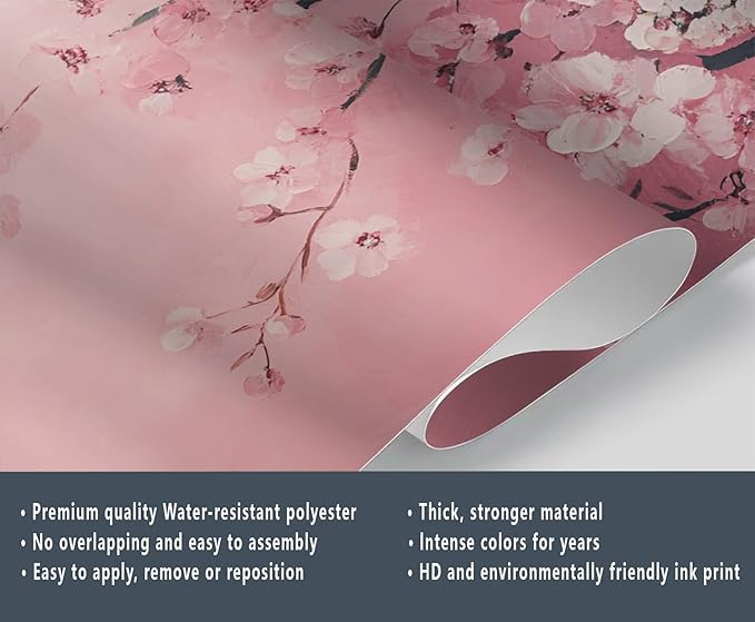Pink Cherry Blossom Wall Mural, Romantic Cherry Blossom 3D Wall Murals, Japanese Flower Wallpaper Mural, for Living Room Bedroom Large Wallpaper Indoor Decor 157.5" W x110.3 H