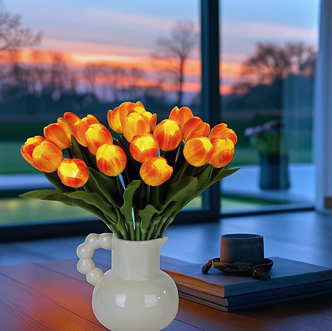 LED Lighted Artificial Tulip Lamp, Real Touch Tulip Flowers, 15 Inch Faux Tulip Bouquet with Battery Operated Lights for Gifts, Home Kitchedn Wedding Decor (Orange)