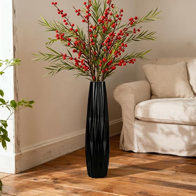 Tall Black Floor Vase – 24" Twisted Geometric Ceramic Vase for Modern Home, Living Room, Table Centerpiece or Corner Decoration
