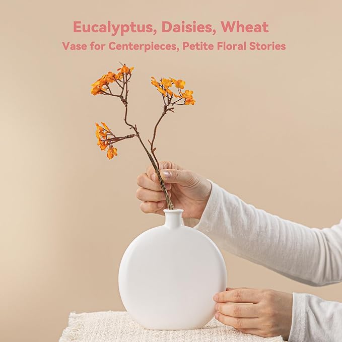 White Ceramic Flat Vase - 6.2" Unique Flower Vase for Pampas Grass & Centerpieces, Decorative Boho/Farmhouse Vase for Living Room, Office Desk & Housewarming Gift (for Her/Yourself)
