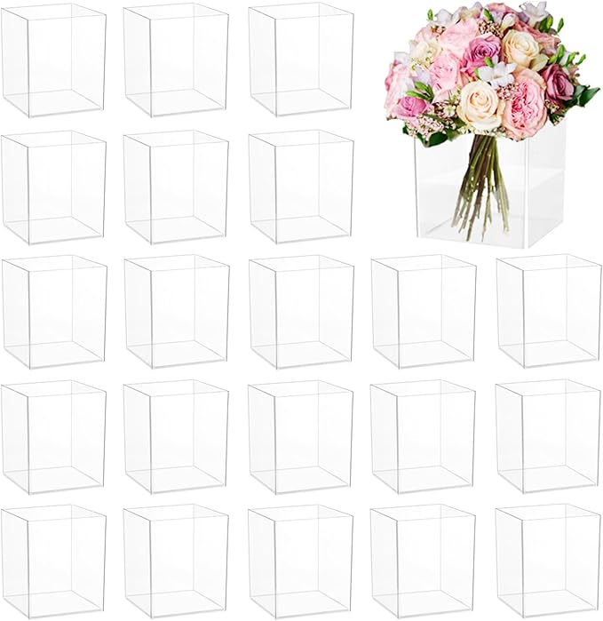24 Pack Acrylic Vases, 4 Inch Clear Cube Acrylic Vase Bulk Small Square Plastic Flower Vase Container Unbreakable Plastic Vases for Centerpiece Home Table Wedding