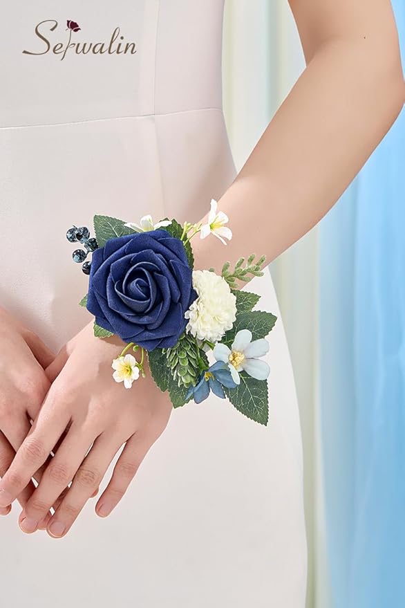 Serwalin 2Pcs Dark Blue Wrist Corsage for Wedding, Corsages Wristlet for Bridesmaid Mother Grandmother, Artificial Flowers for Prom Ceremony Anniversary
