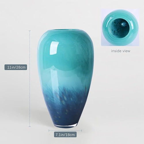 11" Tall Teal Glass Vase for Flowers, Hand Blown Gradient Decorative Vase for Home Decor, Centerpiece, Dining Table, Shelf, Mantel, Bathroom, Entryway, Countertop, Gift for Friends