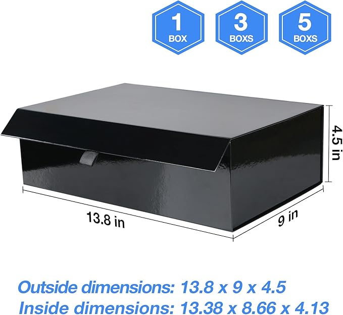 Aimyoo 3 Pack Black Collapsible Gift Box with Magnetic Closure Lids & Rope for Easy Opening 13.8x9x4.3, Bridesmaid Groomsman Proposal Boxes, Rectangle Storage Present Boxes