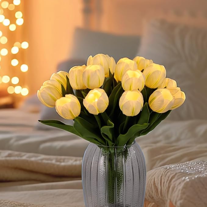 LED Lighted Artificial Tulips, Tulip Lamp, Real Touch Tulip Flowers, 15 Inch Faux Tulip Bouquet with Battery Operated Lights for Gifts, Home Kitchedn Wedding Decor (White)