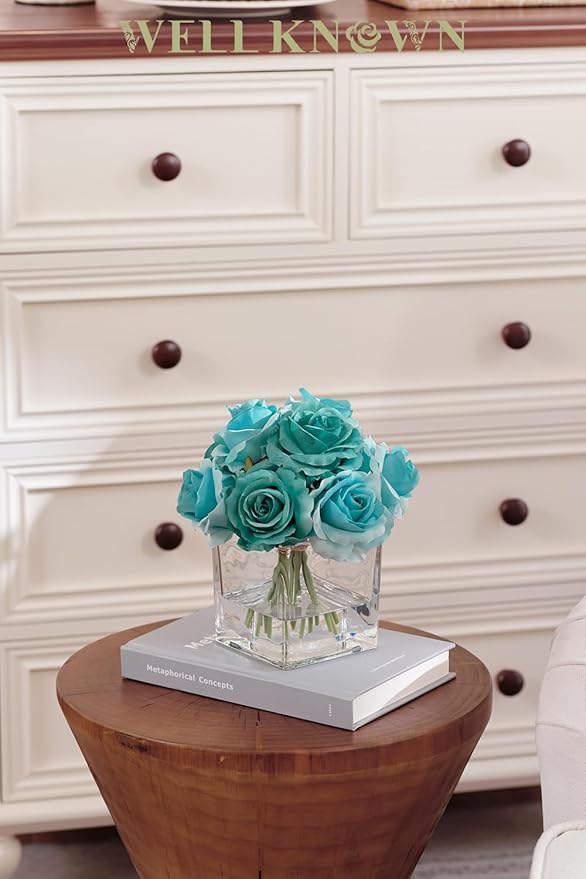 WELL KNOWN Rose Artificial Flowers in Vase with Faux Water, Silk Rose Table Centerpieces for Home Coffee Table Decor, Fake Roses Flower Arrangements for Office Hotel Lavatory Decor (Teal Blue)