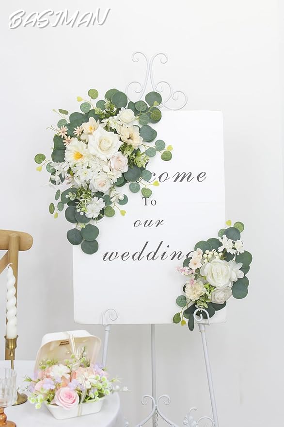 2pcs Wedding Arch Flowers,Wedding Artificial Sign Flower,Welcome Easel Door Decor Wall swags for Reception Backdrop Table Decorations Welcome Sign (Champagne White)