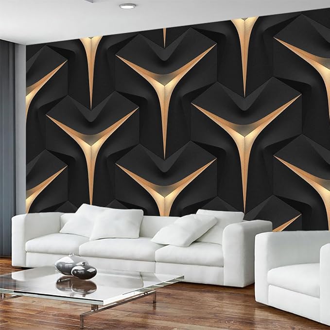 Golden Stripe 3D Geometric Black Background Wallpaper, Large Wall Background Mural, for Various Occasions Background Decoration(Non-self-Adhesive)