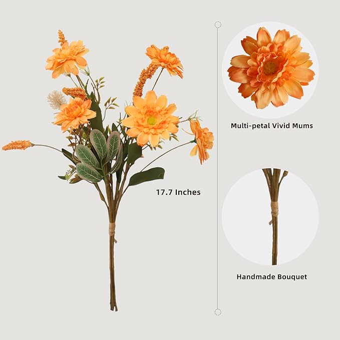 KBREE Artificial Fall Mums Bouquet, 4 Bunches Handmade Faux Daisy Flowers with Grain Stems & Foxtail, 17.7" Natural Farmhouse Mums Bouquets for Autumn Home Decor & Table Centerpieces (Orange)