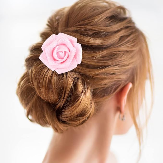 IPOPU Artificial Roses,25pcs Pink Roses Artificial Flowers Glitter Flowers Foam Rose with Stem for DIY Wedding Bridal Bouquet Home Party Decoration(Pink)