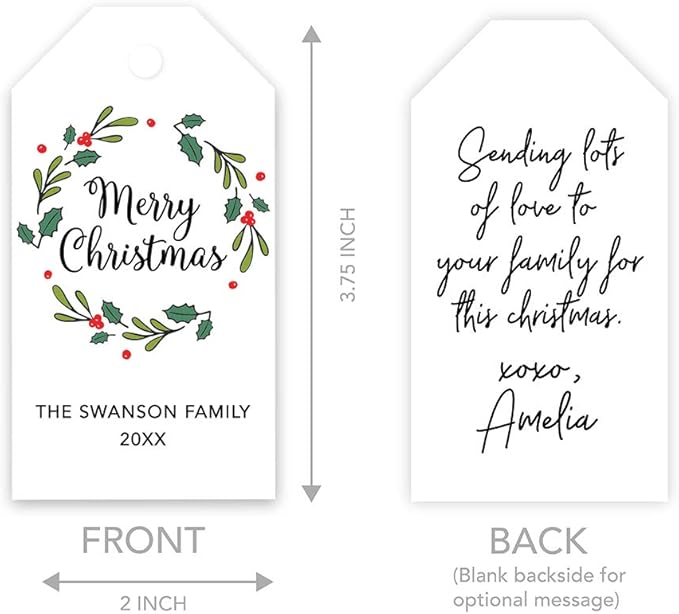Andaz Press Personalized Christmas Holiday Season Classic Gift Tags, Merry Christmas Custom Family Name and Year, Christmas Holly Wreath Design, for Holiday Events, Parties, and Favors, 60-Pack
