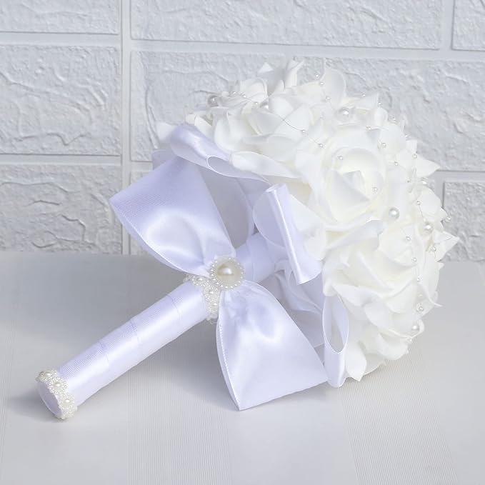 Wedding Bouquets for Brides or Bridesmaids Pearl Embellishment Roses Bridal Bridesmaid Wedding Hand Bouquet Artificial Fake Flowers.(White)