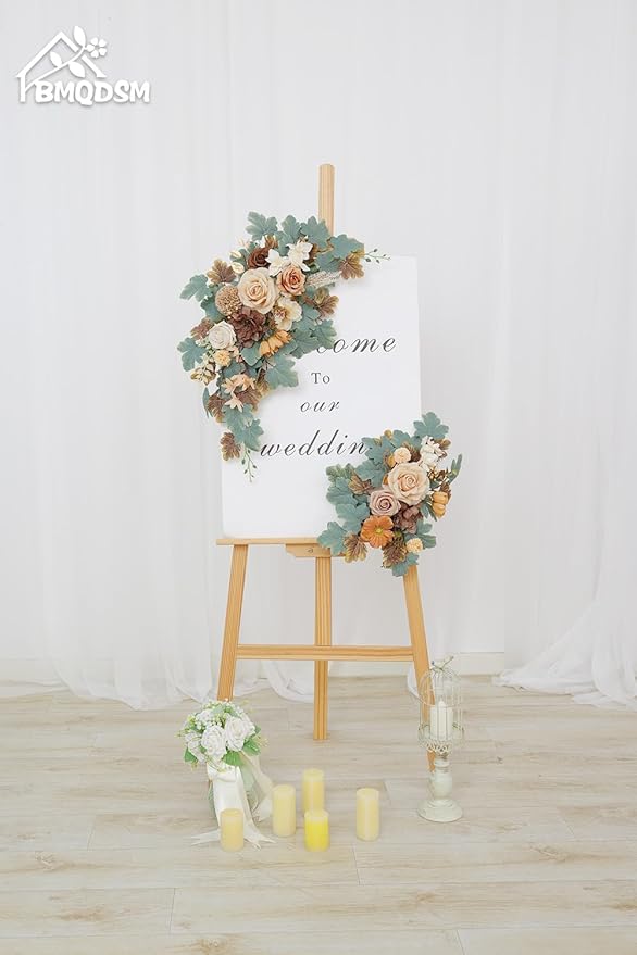 Wedding Welcome Signs Floral(Pack of 2)，Wedding Arch Flowers for Wedding Decorations and Reception Backdrop Decoration(New Coffee)