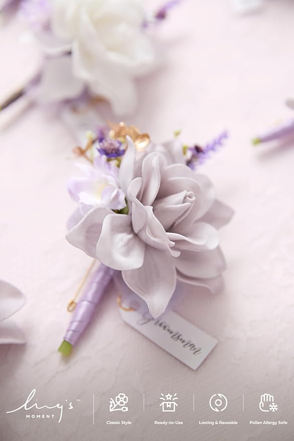 Ling's moment Boutonniere for Men, 6pcs Groom Groomsmen Boutonniere, Artificial Flowers for Wedding Decor/Prom/Homecoming, etc.Purple Lilac Lavender