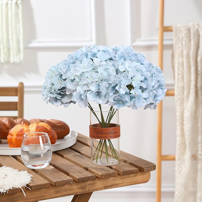 Tifuly Hydrangea Artificial Flowers -12 pcs Realistic Fake Hydrangeas Silk Flowers with Stems Faux Hydrangea Flowers Heads for Office Home Party Wedding Centerpiece DIY Floral Decor (Light Blue)