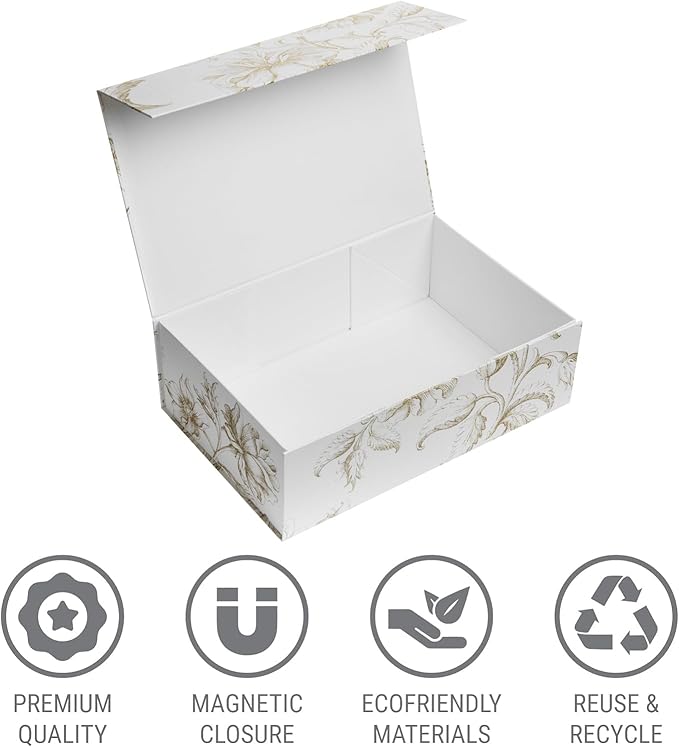 Luxury Keepsake Gift Box 3-Pack | Gold Floral Decorative Boxes with Magnetic Lids for Presents, Wedding Memory Box, and Bridal Gifts. 13.5" x 9" x 4.3"