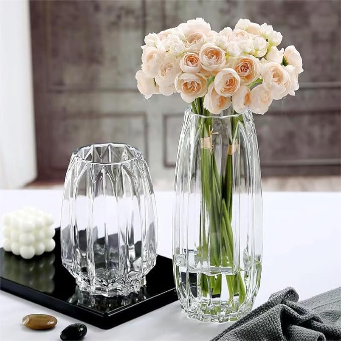 Flower Vase,7.8 inch,GIDARY Thickened Clear Ribbed Glass Vase for Bookshelf,Dinner Table,Indoor Office Desktop,Meeting Room,Home Christmas Day Decoration
