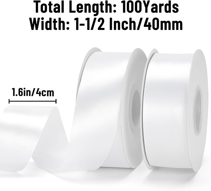 KINGLAKE White Ribbon 1 1/2 inch - 100 Yards Polyester White Satin Ribbon for Gift Wrapping, Wedding, Party Decoration, DIY Crafts, Floral Bouquets and Wreath Bows