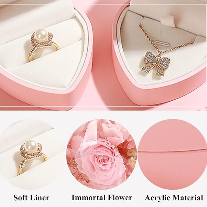 Preserved Flower Rose Ring Box, Heart Shape Velvet Jewelry Box for Valentine's Day Mother's Day Wedding Anniversary Birthday Gift, Pink
