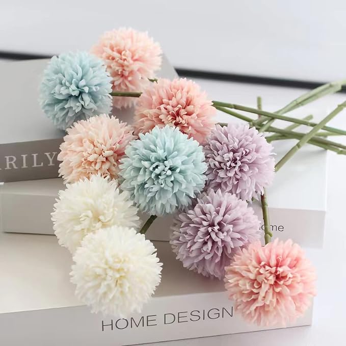 Tinsow 12 Pcs Artificial Flowers Faux Ball Chrysanthemum Bouquet Silk White Flowers Bridal Wedding Bouquet for Home Garden Party Wedding Decoration (White, 12)