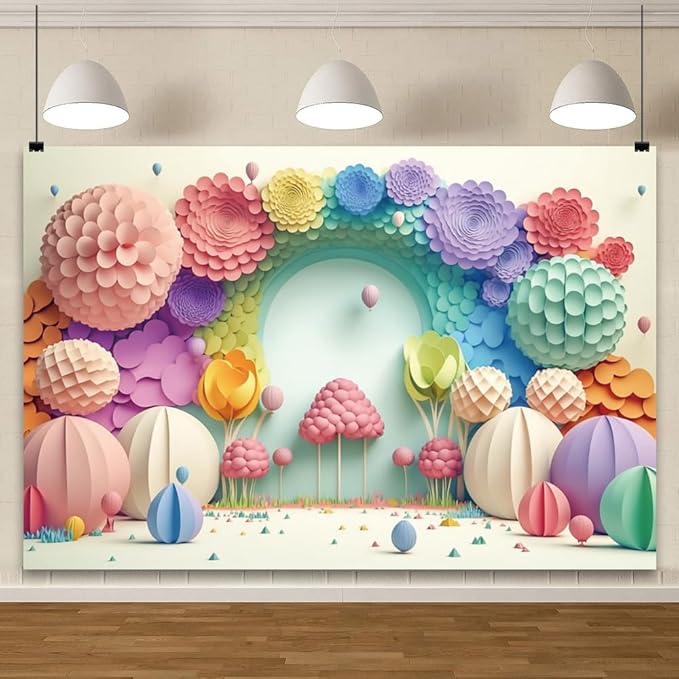 YongFoto Paper Flowers Backdrop 6x4ft Colorful Cut Paper Floral Blossom Rainbow Arch Hot Air Balloon Honeycomb Ball Photography Background Lovely Party Banner Home Decor Photo Studio Booth Props
