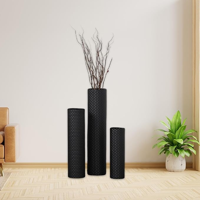 3Pcs Floor Vases Set Flower Container Creative Floral Arrangement Metal Floor Standing Decorative Cylinder Vase for Fireplace