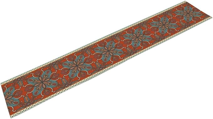 Boho Floral Table Runner, Burnt Orange Blue Traditional Ethnic Flower Vintage Farmhouse Table Runner for Kitchen Dining Wedding Party Decor, 13x108 Inch