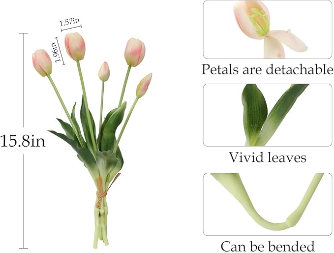 20PCS Peachy Fake Tulips Artificial Flowers Real Touch Latex Faux Tulips UV Resistant Fake Flowers Bouquet for Table Home Decor Party Wedding Garden Decoration