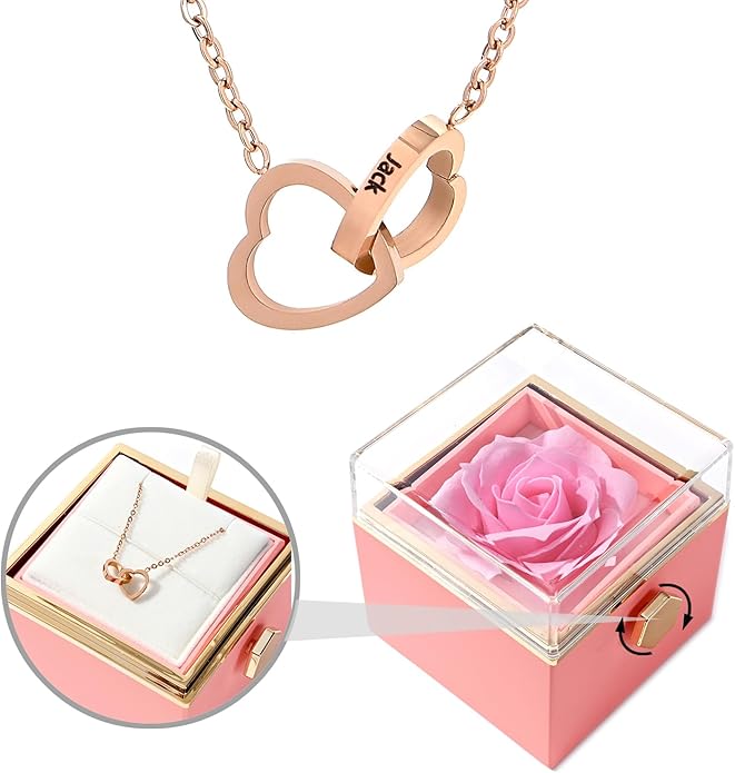 ‌TINGKU Eternal Real Rose Gift Box for Women, Preserved Rose with Customized Name Engraved Heart Necklace, Personalized Romantic Gift for Wife, Girlfriend, Mom, Mother's Day Love Keepsake