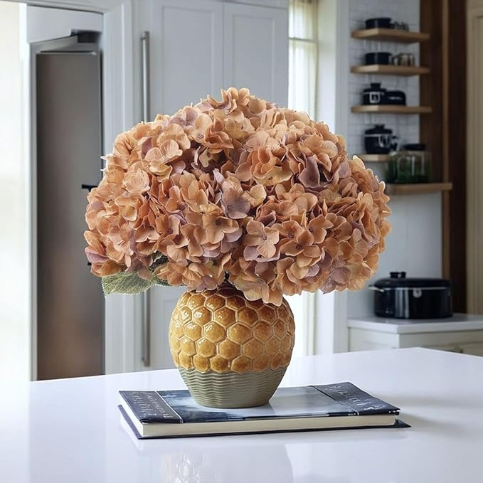 2Bouquets Artificial Fake Flowers Plants Silk Hydrangea Arrangements Wedding Bouquets Decorations Plastic Floral Home Kitchen Garden Party Festival Bar DIY(Brown Yellow)