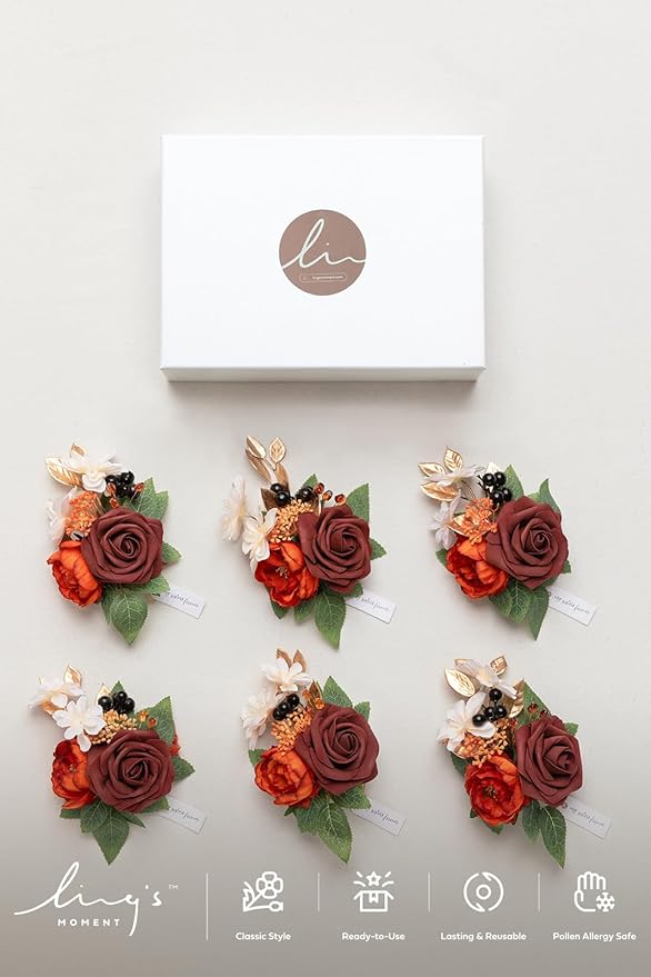 Ling's moment 6pcs Wedding Wrist Corsage Artificial Flowers, Girl/Mother Homecoming Prom Corsages Wristlet Décor, etc. Burnt Orange Terracotta