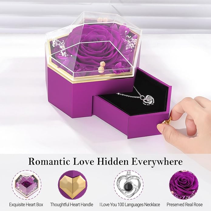 Emibele Preserved Rose Gifts for Women, Eternal Flower Rose Box with Heart Necklace, Romantic I Love You Gifts for Her Women Wife Mom Grandma on Valentines Mothers Day Birthday Anniversary